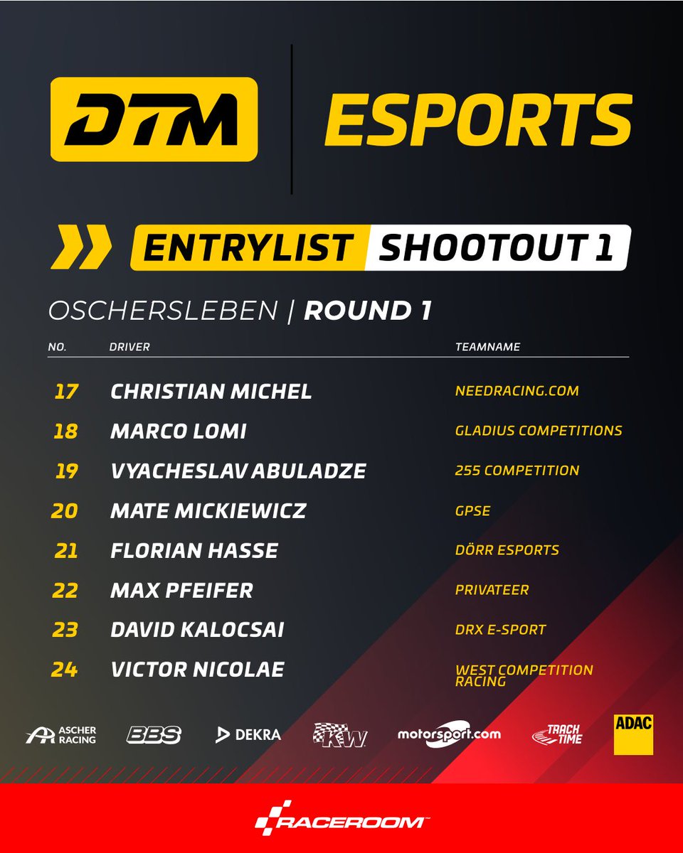 raceroom's tweet photo. The stage is set! 🏁 

Here's the official entry list for Shootout #1 of the DTM Esports Championship 2025! 

The top 32 drivers are ready to fight for a spot in the full season. Who are you cheering for? 🏆🚀

#RaceRoom #simracing #DTM #esports https://t.co/BxjnZ56P0f