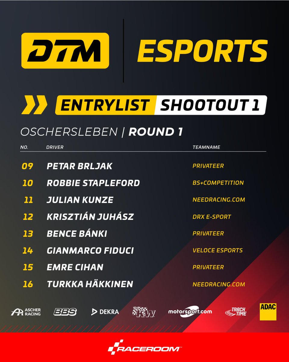 raceroom's tweet photo. The stage is set! 🏁 

Here's the official entry list for Shootout #1 of the DTM Esports Championship 2025! 

The top 32 drivers are ready to fight for a spot in the full season. Who are you cheering for? 🏆🚀

#RaceRoom #simracing #DTM #esports https://t.co/BxjnZ56P0f