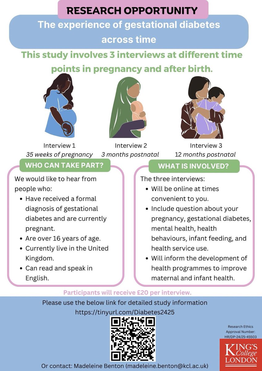 Inviting women with gestational diabetes to take part in 3 interviews to understand how the condition impacts women from pregnancy 🤰 to the postnatal period 🤱Follow the link to find out more  tinyurl.com/Diabetes2425