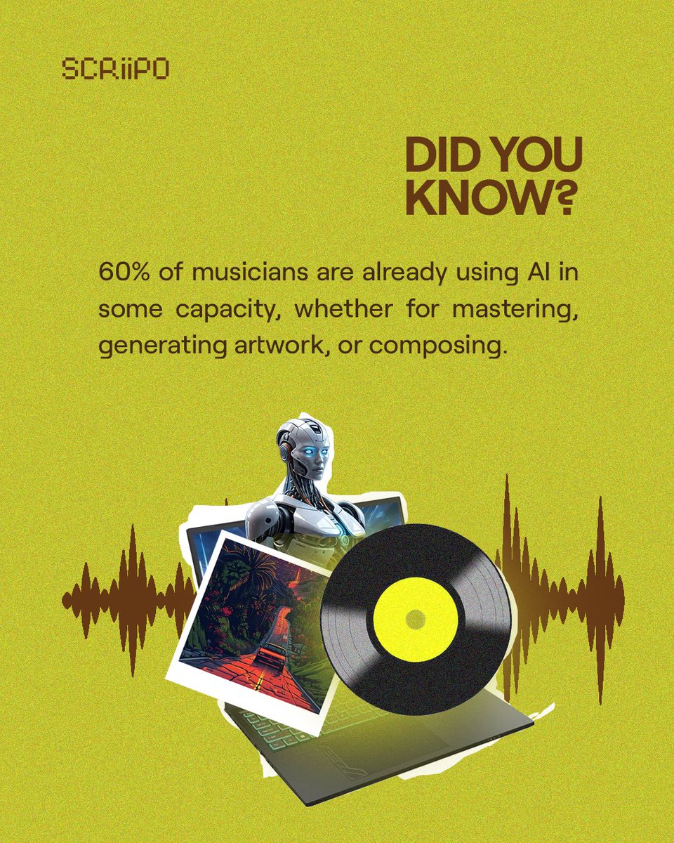 scriipo_'s tweet photo. AI isn't just for sci-fi
anymore. It's revolutionizing
the music industry. Are you
part of the 60%?

#AI #Music #History
#AImusichistory
#learnsomethingnewtoday https://t.co/yXetKzyjFH