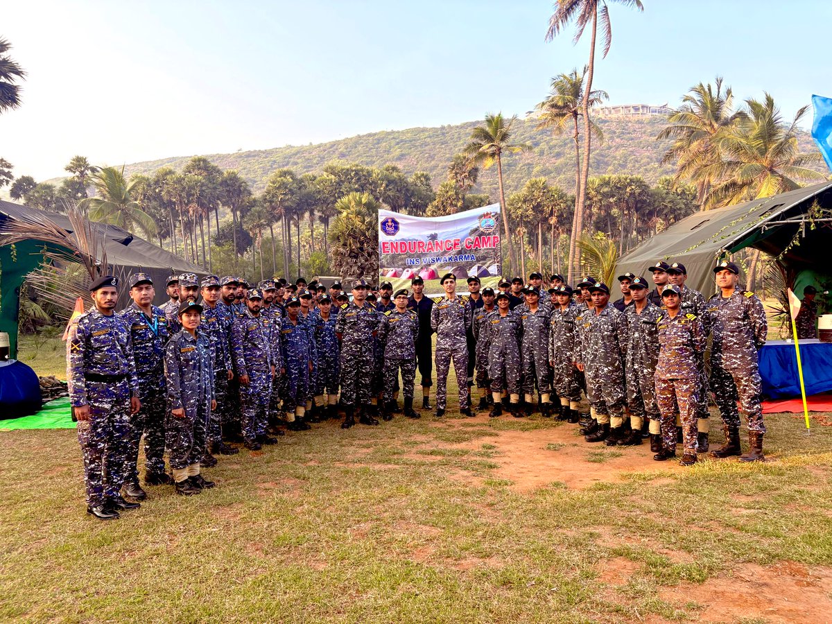 INS_Vishwakarma's tweet photo. Undertrainees of #INS_Vishwakarma participated in an endurance camp 💪 at Yarada Beach as part of an #OutwardBoundExercise. The #OBE focused on building resilience, leadership, and camaraderie, preparing them for future challenges. ⚓
#Teamwork
#NationFirst
#LargeNavyMindset https://t.co/UZDGzS5Y2g