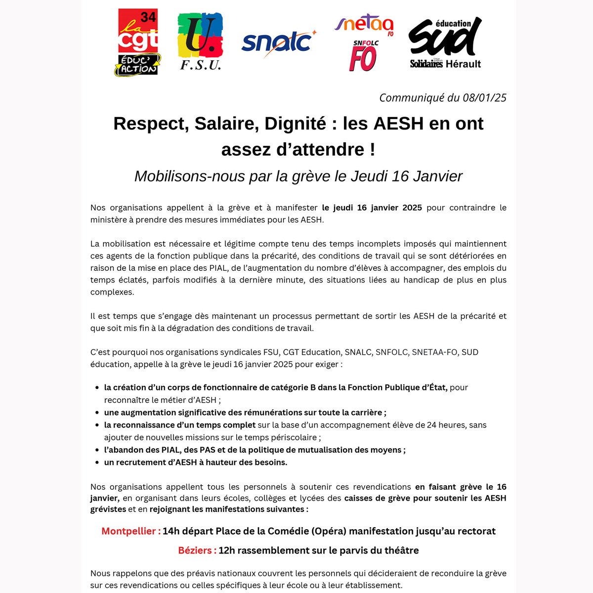 Communiqué de presse #AESH #greve16janvier