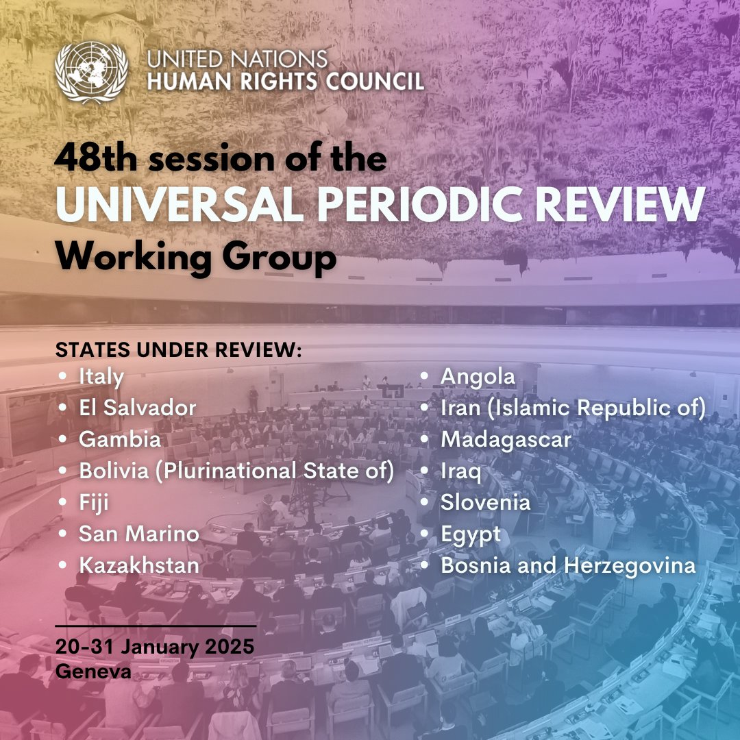 The human rights records of 14 States 🇮🇹🇸🇻🇬🇲🇧🇴🇫🇯🇸🇲🇰🇿🇦🇴🇮🇷🇲🇬🇮🇶🇸🇮🇪🇬🇧🇦 will be examined by the Universal Periodic Review mechanism of the 🇺🇳<a href="/UN/">United Nations</a> Human Rights Council.

More information on the #UPR48 session to be held at <a href="/UNGeneva/">United Nations Geneva</a> from 20 to 31 January 2025 ➔ohchr.org/en/press-relea…