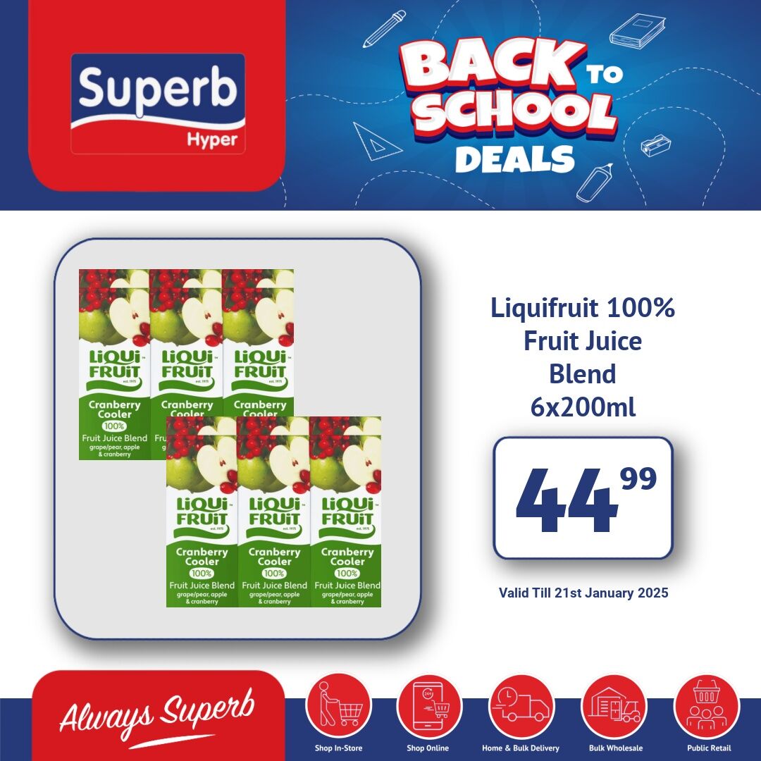 Superbhyper's tweet image. Superb Hyper Promotions
Weekly Wonders, Unbeatable Discounts.
Shop Online: superbhyper.co.za
Get Same Day Delivery From Only R29! 
Shop In-store: 17 Smithers Road, KwaDukuza
Valid: 21st January 2025