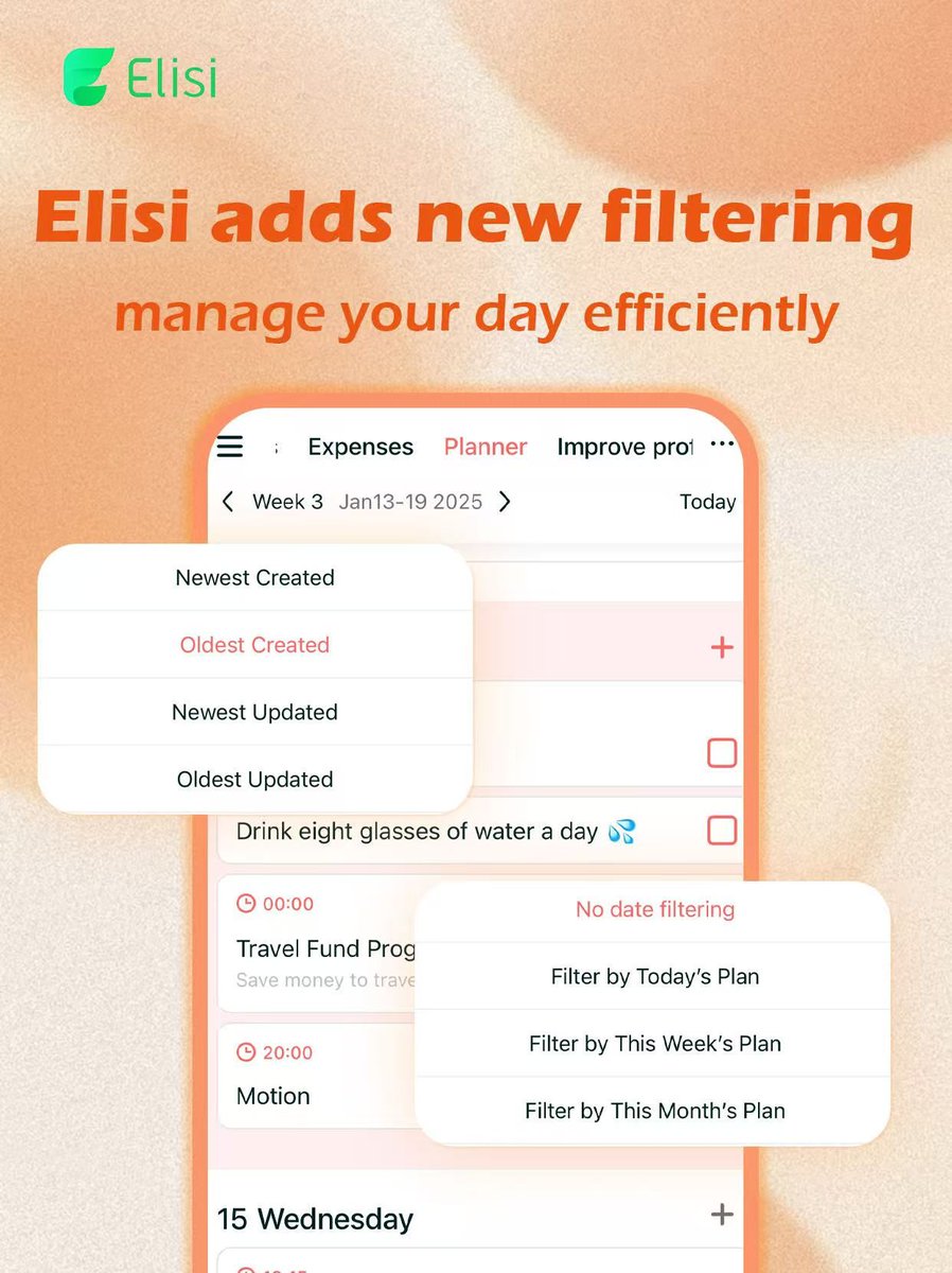 elisiapp's tweet photo. Optimize your schedule effortlessly with Elisi's new sorting features. The Day/Week/Month Filter helps prioritize important tasks, cutting down on clutter. Quickly view today's agenda or this week's plan for efficient time management. #TimeManagement #Productivity https://t.co/p04Hz9zs9F