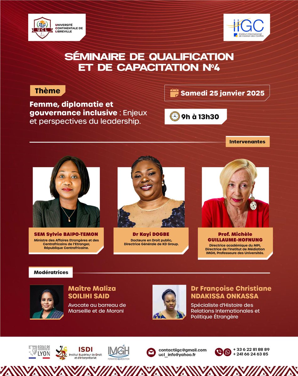Heureuse de vous inviter au premier Séminaire de  Qualification et de Capacitation de l'année 2025 sur le thème "𝗙𝗲𝗺𝗺𝗲, 𝗱𝗶𝗽𝗹𝗼𝗺𝗮𝘁𝗶𝗲 𝗲𝘁 𝗴𝗼𝘂𝘃𝗲𝗿𝗻𝗮𝗻𝗰𝗲 𝗶𝗻𝗰𝗹𝘂𝘀𝗶𝘃𝗲 : 𝗘𝗻𝗷𝗲𝘂𝘅 𝗲𝘁 𝗽𝗲𝗿𝘀𝗽𝗲𝗰𝘁𝗶𝘃𝗲𝘀 𝗱𝘂 𝗹𝗲𝗮𝗱𝗲𝗿𝘀𝗵𝗶𝗽" de l'Institut