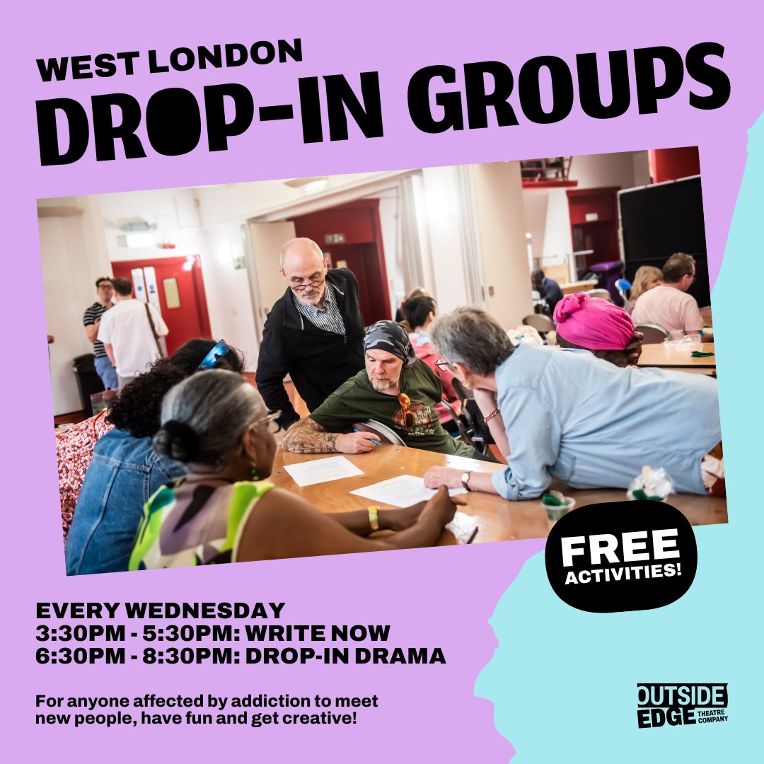 OutsideTheatre's tweet image. West London Wednesday is here! Join us today for free, creative sessions in Chelsea and Hammersmith &amp;amp; Fulham. Open to all levels—no experience needed!

New to Outside Edge? Sign up via the link in our bio.

#WestLondon #DramaWorkshop #AddictionSupport #CreativeRecovery
