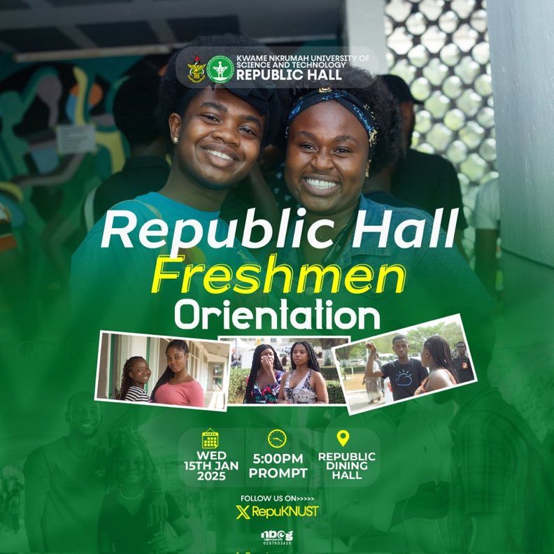 RepuKNUST's tweet photo. Welcome to Republic Hall, KNUST. We’re happy to have you hear with us.
As a mongol, orientation for our noble hall comes off today at 5pm Orientation teaches and prepares you for life in the hall and university at large💚🤍

 #ThisIsRepu #JanuaryRush https://t.co/WNtkgXO4VI