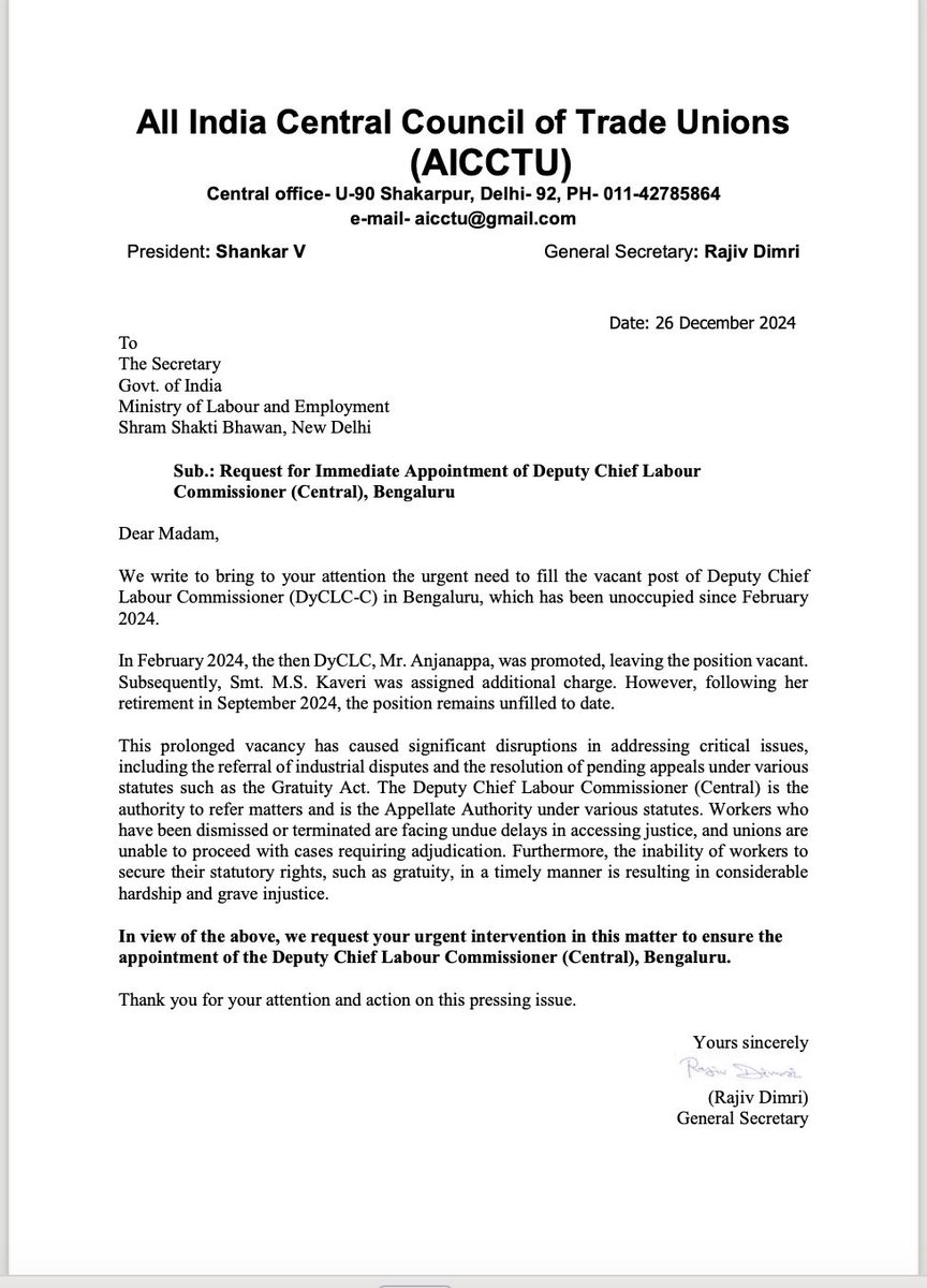 No action after the passing of 20 days, no priority to the interest of the working class. The labour ministry should leave this attitude and appoint DyCLC Banglore immediately.<a href="/CLCMOLE/">Chief Labour Commissioner (Central)</a> <a href="/LabourMinistry/">Ministry of Labour & Employment, GoI</a> <a href="/mansukhmandviya/">Dr Mansukh Mandaviya</a> <a href="/PMOIndia/">PMO India</a> <a href="/narendramodi/">Narendra Modi</a>