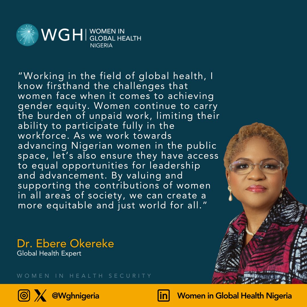 WghNigeria's tweet photo. #WeCommit to a future led by HER!
Meet Dr. Ebere Okereke, a visionary leader and advocate for gender equality in global health! With over 30 years of experience in medical and public health practice, Dr. Okereke specializes in health security and health system strengthening. https://t.co/jWguI60Amh