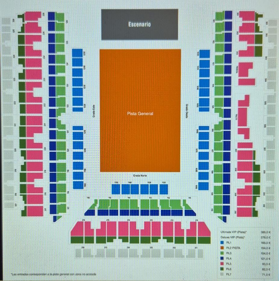 TXT__Spain's tweet photo. PRECIOS MÁS MAPA:

Ultimate VIP: 385€
Delixe VIP: 278€
PL1: 165€
PL2 pista: 154€
PL3: 154€
PL4: 121€
PL5: 93,50€
PL6: 82,50€
PL7: 71,50€

[TXT EN BARCELONA]
@TXT_members @TXT_bighit https://t.co/lZfCnhwbny
