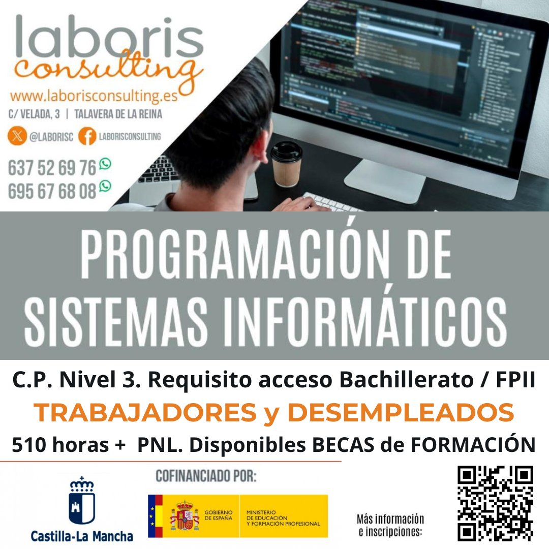 laborisc's tweet photo. CP PROGRAMACIÓN de SISTEMAS INFORMÁTIC0S
➡ FEBRERO 2025 Talavera de la Reina
➡ 510 h
➡ Nivel 3
➡ TARDES
➡ Trabajadores, desempleados
➡ Prácticas No Laborales
➡ Becas transporte, conciliación, VVG y discapacidad
https://t.co/BXwlwnSi5J 
RT @CRID_jccm @EconomiaCLM @ceeitvr https://t.co/NFFBY70Atu