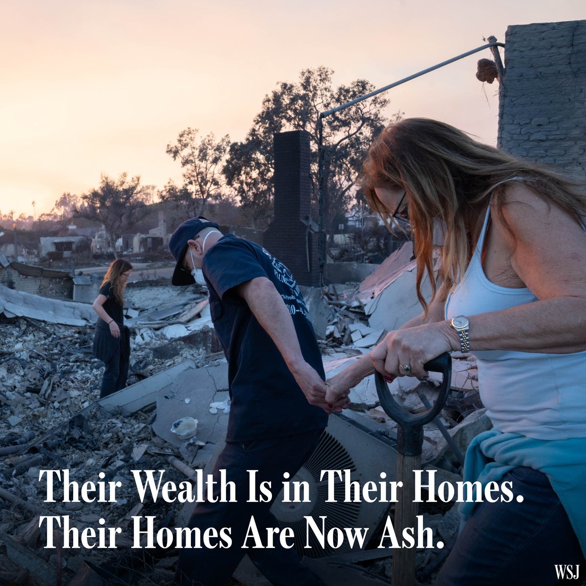WSJ's tweet photo. “It was our retirement. It was our investment. It was our equity. It was everything.” 

Teachers, plumbers and nurses bought into L.A.’s affluent neighborhoods decades ago. The bulk of their fortunes are tied up in homes that are now ash. 🔗https://t.co/pFCEtE5FpO https://t.co/if9nnQdsMY