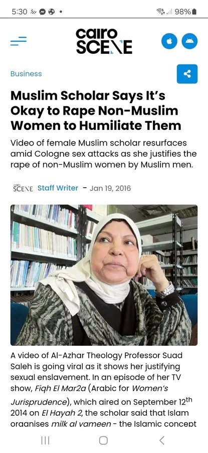 k36077's tweet photo. Suad Saleh, a female #Muslimprofessor of theology at #AlAzharUniversity in Egypt, said - it is okay to rape non-Muslim women.
What a #terriblementality they have!
@AmyMek
@LizaRosen0000
@Ofer_binshtok
@CJBdingo25
@davidfrawleyved
@JaipurDialogues
@INSIGHTUK2
@ANI
#Islamabad https://t.co/Skgztt1cDo