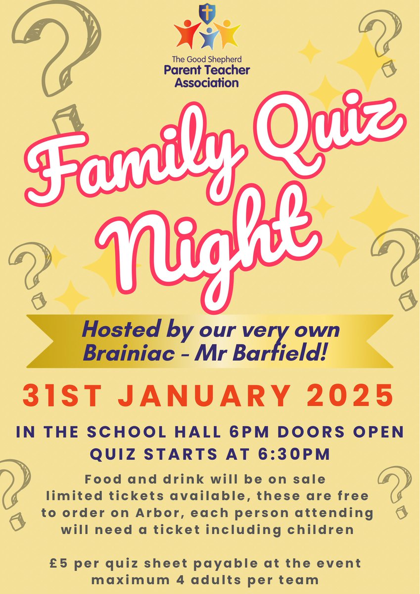Our family quiz night is on Friday 31st January, tickets are free to order on Arbor and then you can purchase a quiz sheet on the night for £5.

All the family are welcome, we will have food and drinks too. ❤️

@thegsaprimary <a href="/GSChurchNotts/">The Good Shepherd and St Anthony’s parishes</a>