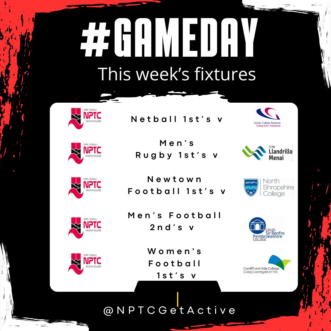NPTCGetActive's tweet photo. #GameDay 

Stacked fixture list today! Good luck ☘️to all our students representing @NPTCGroup !   

🏐🏉⚽️⚫️🔴⚪️

#CollegeSport #ActiveWellbeing #NPTCGetActive #MoreThanJustAnEducation https://t.co/RtJPxGXsGf