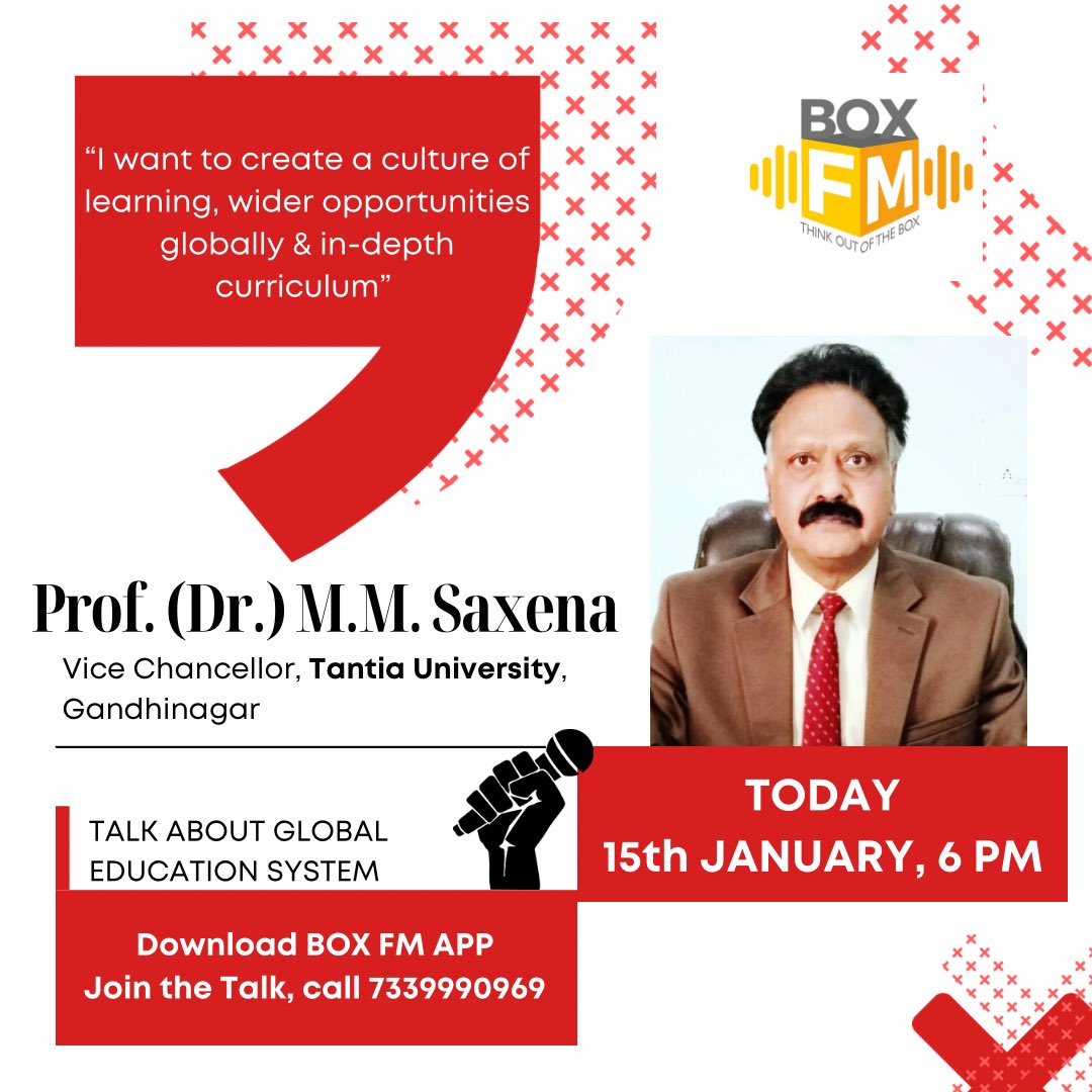 boxfm_radio's tweet photo. A Leader that is on a journey to bring change, inspire millions! Join us as we talk to Professor Dr. Mahesh Murti Saxena, Vice Chancellor of @tantia_university_view about the evolving education in India !
TODAY, 15th JANUARY, 6 PM
on #boxfm #inspiringpeople #inspiringtalk https://t.co/YrRQCPiCr2