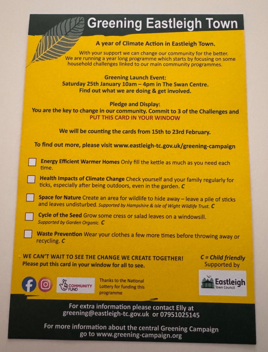 🌱 Exciting news! The <a href="/Eastleigh_TC/">Eastleigh Town Council</a> Greening Campaign is launching!

Look out for Greening Cards landing on your doormat soon—pledge to 3 climate-saving challenges &amp; display the card in your window

Join us on Sat 25th Jan, 10am-4pm at The Swan Centre to learn more &amp; get involved