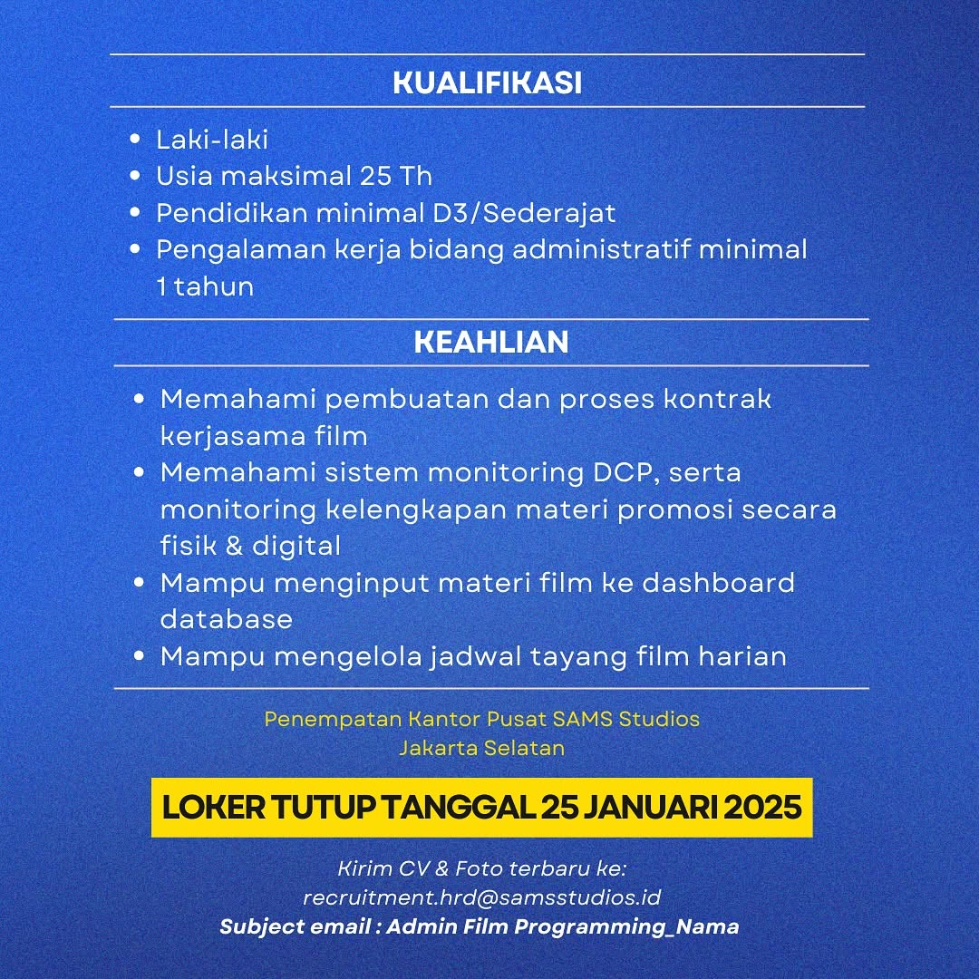 Waw. Apakah ini menarique?

<a href="/Samsstudios_id/">SAM'S STUDIOS</a> lagi nyari admin programming katanya. Siapa tau buat yang cocok kualifikasinya, bisa submit nih. Kayaknya sih dapet bonus bisa diajak ke Gala Premiere terus nantinya 😝