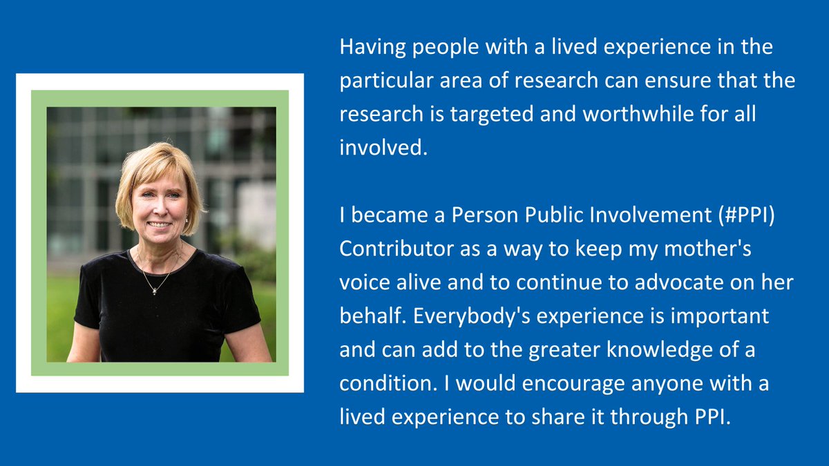 DRAT_ASI's tweet image. In addition to supporting a variety of research studies, Dementia Research Advisory Team member Una also uses her exceptional insights to contribute to funding applications and speak at #PPI workshops. Learn more about her passion for #DementiaResearch below.