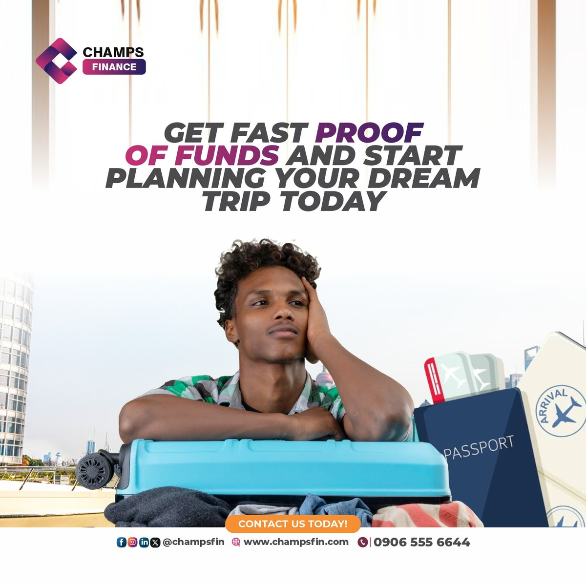 Champsfin's tweet image. Say goodbye to travel delays! 
Get fast proof of funds with Champs Finance and 
start planning your dream trip today! 
..
#champsfinance
#TravelFast 
#ProofOfFunds