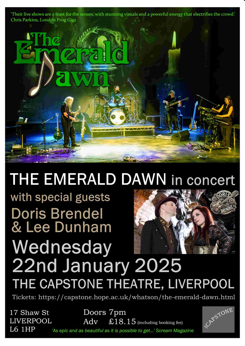ONE WEEK TODAY
Multiple award winning art rock group The Emerald Dawn with Doris Brendel (HRH Female Vocalist of the Year) and Lee Dunham
22nd January 2025, The Capstone Theatre, Liverpool
Tickets: capstone.hope.ac.uk/whatson/the-em…
Details: facebook.com/events/5437297…
#prog #progrock
