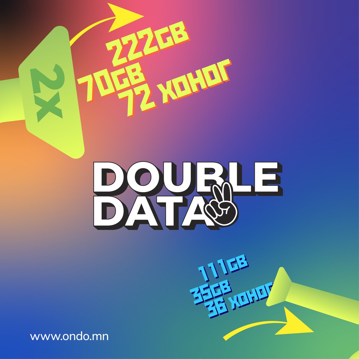 Сарын багцуудаа зөвхөн Hipay апп-аас 30%-50% хямдралтай үнээр аваарай.

Хамгийн гоё нь худалдан авсан хямдралтай дата 2 дахин үржигдэнэ.
30GB - 30% OFF
50GB - 40% OFF
80GB - 50% OFF
Заавар: Hipay апп > Төлбөр цэс > ONDO
Урамшуулалт хөтөлбөр хугацаа: 2025.01.15-02.15
Аппликейшн