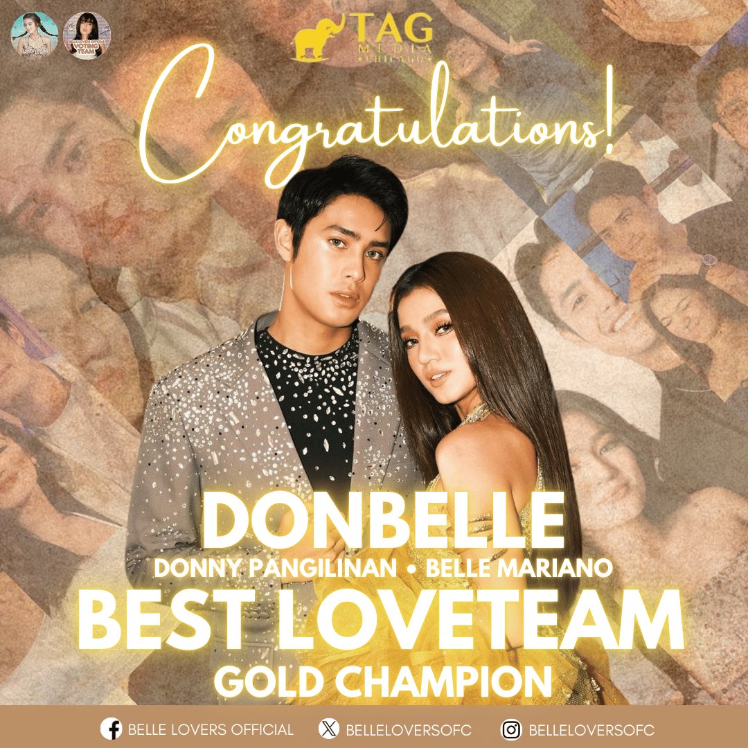 Congratulations to Donny Pangilinan and Belle Mariano, popularly known as #DonBelle, for winning the Gold Champion Award as Best Loveteam at the 2024 Tag Victorious Awards in Chicago!✨️🏆 

Your undeniable chemistry and talent have once again captured hearts worldwide. Here's