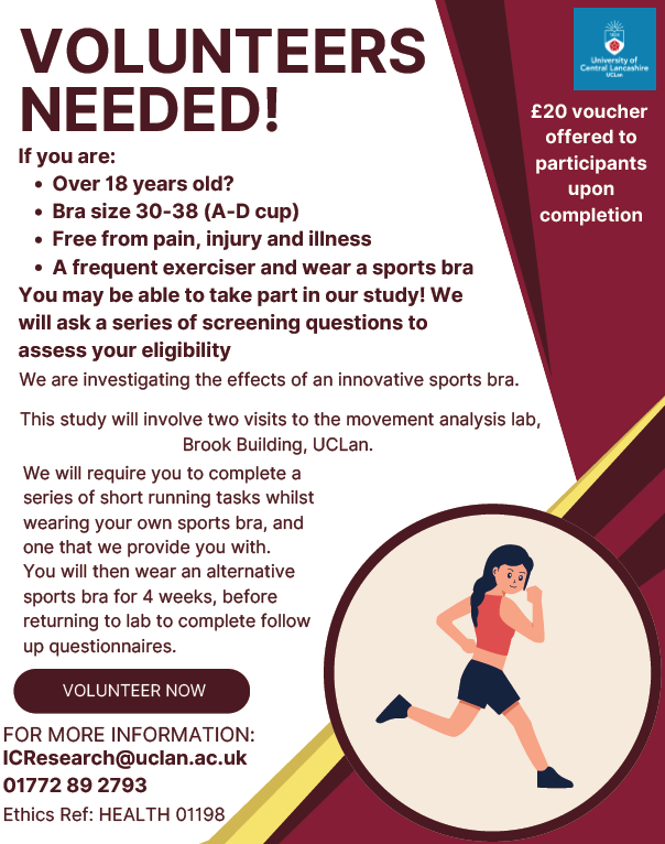 Lauren Haworth (@dr_haworth) on Twitter photo We are exploring the impact of a new sports bra compared to your own sports bra. We are looking for females 18+, bra size 30-38 & cup size A-D, free from injury, pain, and illness, wear a sports bra to participate in physical activity. Email us ICResearch@Uclan.ac.uk to take part We are exploring the impact of a new sports bra compared to your own sports bra. We are looking for females 18+, bra size 30-38 & cup size A-D, free from injury, pain, and illness, wear a sports bra to participate in physical activity. Email us ICResearch@Uclan.ac.uk to take part