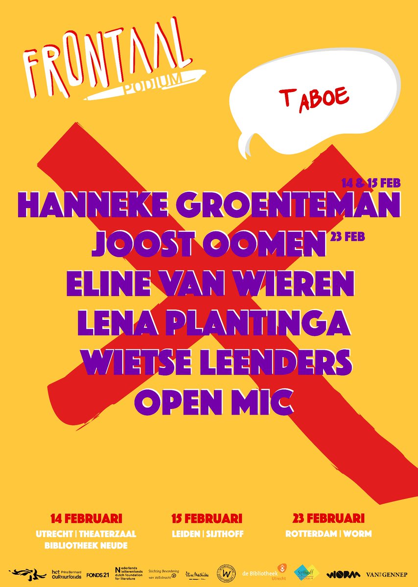 Samen met Hanneke Groenteman, Joost Oomen, Eline van Wieren, Lena Plantinga en Wietse Leenders dalen we af naar de krochten van ons hart. Klaar om alle taboes uit het verdomhoekje te halen? Kom dan naar Frontaal op 14, 15 en 23 februari!