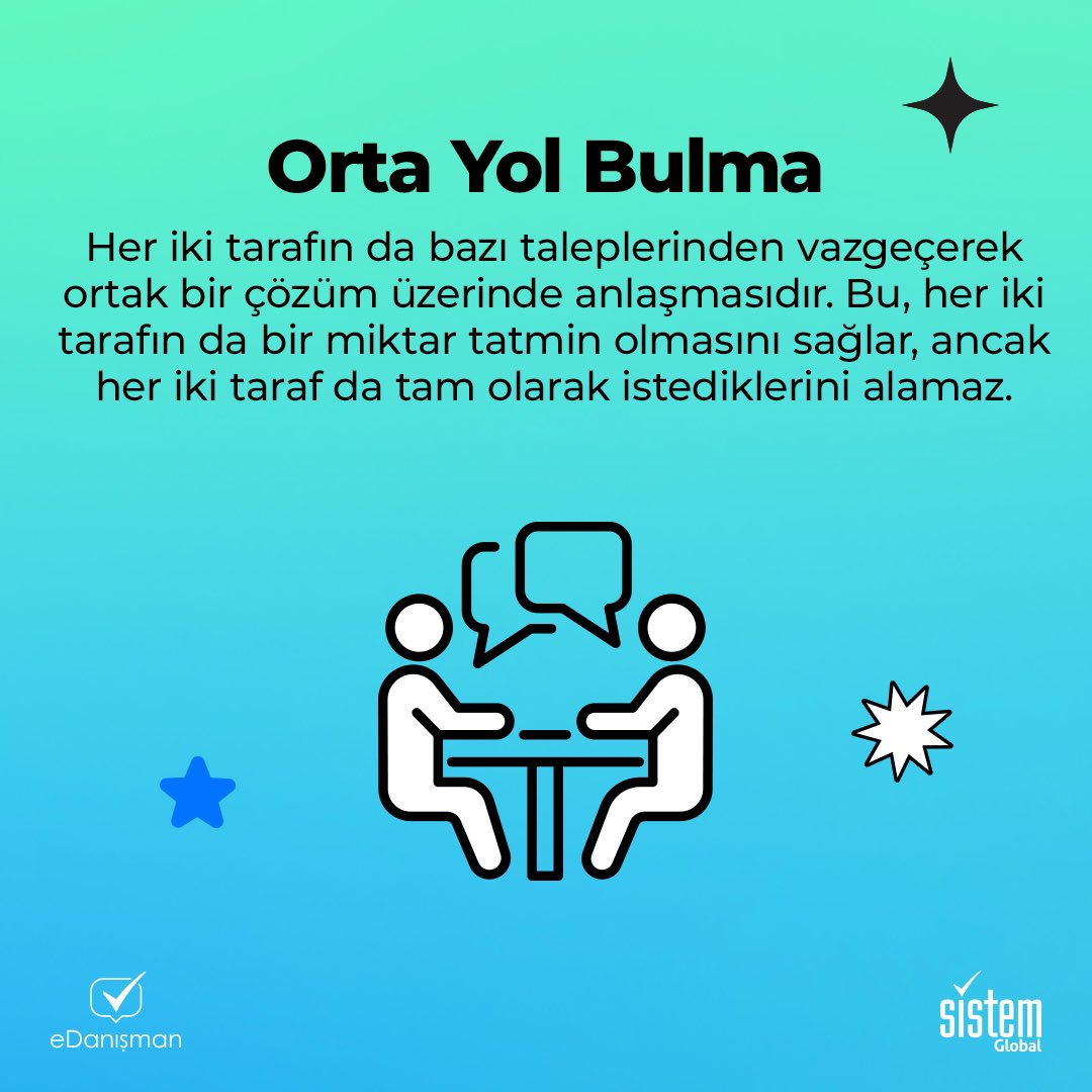✔️Uzlaşma ve orta yol bulma gibi yöntemlerle tüm tarafların tatmin olduğu çözümler üretin. Hızlı bir çözüm için baskı yapma, bazen küçük çatışmalar için geri adım atma gibi stratejiler de kullanılabilir.