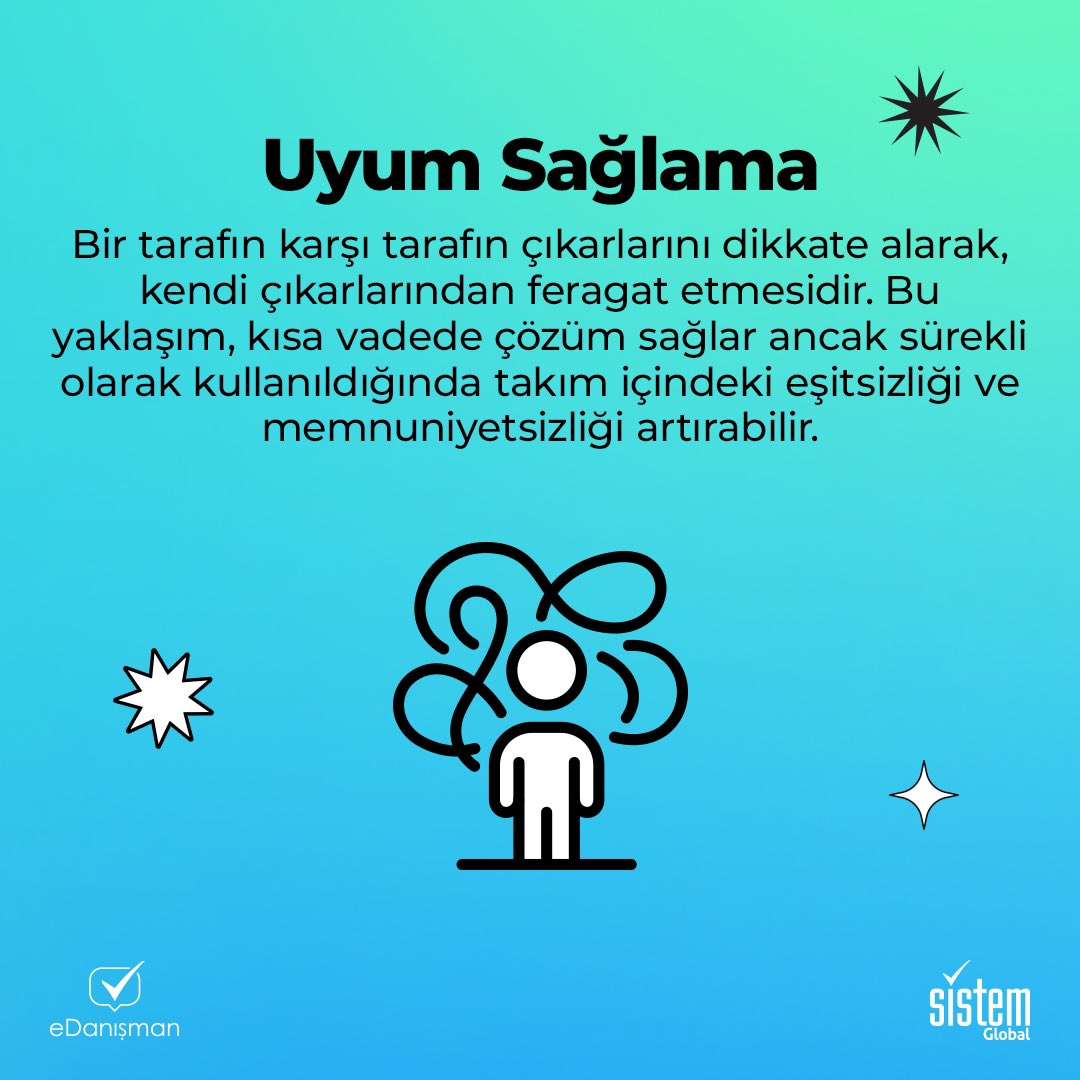 eDanismanTr's tweet photo. ✔️Uzlaşma ve orta yol bulma gibi yöntemlerle tüm tarafların tatmin olduğu çözümler üretin. Hızlı bir çözüm için baskı yapma, bazen küçük çatışmalar için geri adım atma gibi stratejiler de kullanılabilir. https://t.co/islPNKcjuH