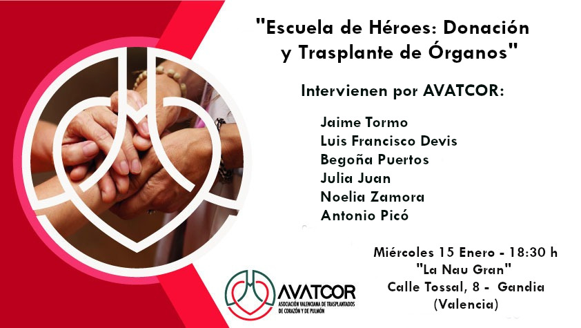 Esta vesprada tenim una interessant xerrada organitzada des de l'Associació Valenciana de Trasplantats de cor i pulmó. ❤️🫁

Serà a les 18.30 al Centre Internacional de Gandia i l'entrada és lliure.

T'esperem!