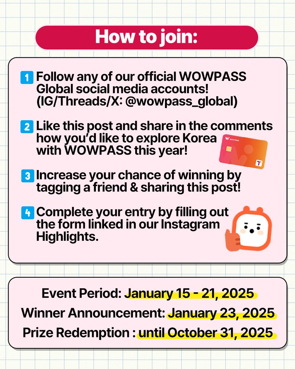 wowpass_global's tweet photo. 🎁 How to Join: 
1️⃣ Follow @wowpass_global
2️⃣ Like this post and share in the comments how you’d like to explore Korea with WOWPASS in 2025
3️⃣ Tag a friend &amp; share this post for more chances of winning
4️⃣ Complete your entry via the form in our IG highlights https://t.co/cKbw7qw23w
