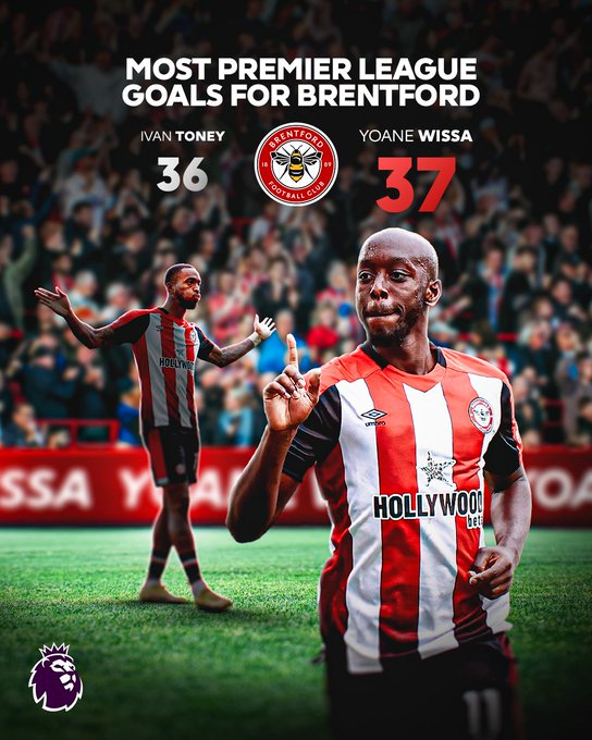 🔴Yoane Wissa 🇨🇩inscrit son nom dans l'histoire de Brentford 🐝

✅Il a dépassé Ivan Toney en tant que meilleur buteur de tous les temps du club en Premier League !