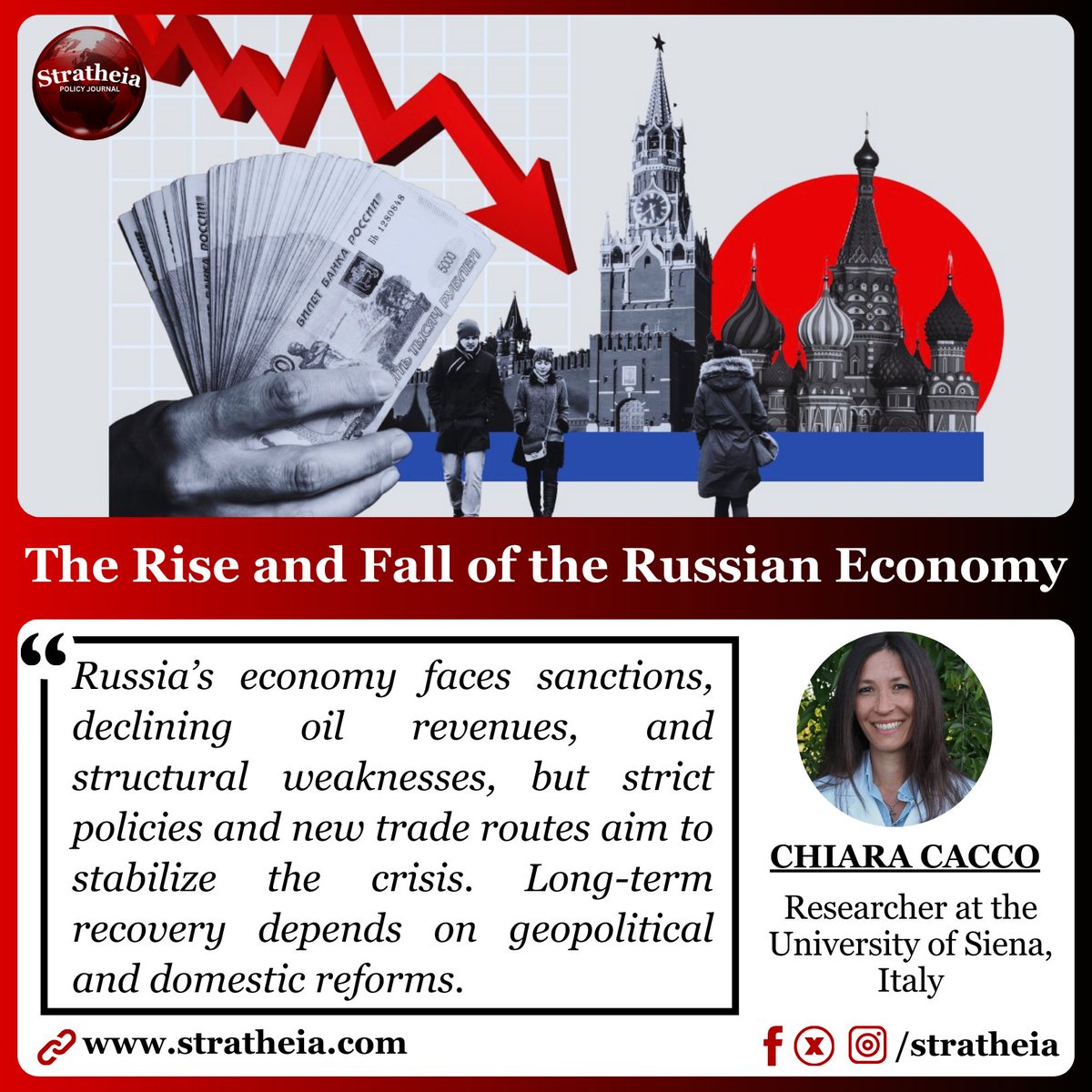 stratheia's tweet image. Russia’s economy grapples with sanctions, energy market shifts, and structural issues. Recovery hinges on reforms and geopolitical shifts. @chiaracacco 
#Russia #RussiaEconomy #Sanctions #GlobalEconomy #EconomicPolicy #EnergyCrisis #EconomicCrisis #Geopolitics #GlobalPolitics