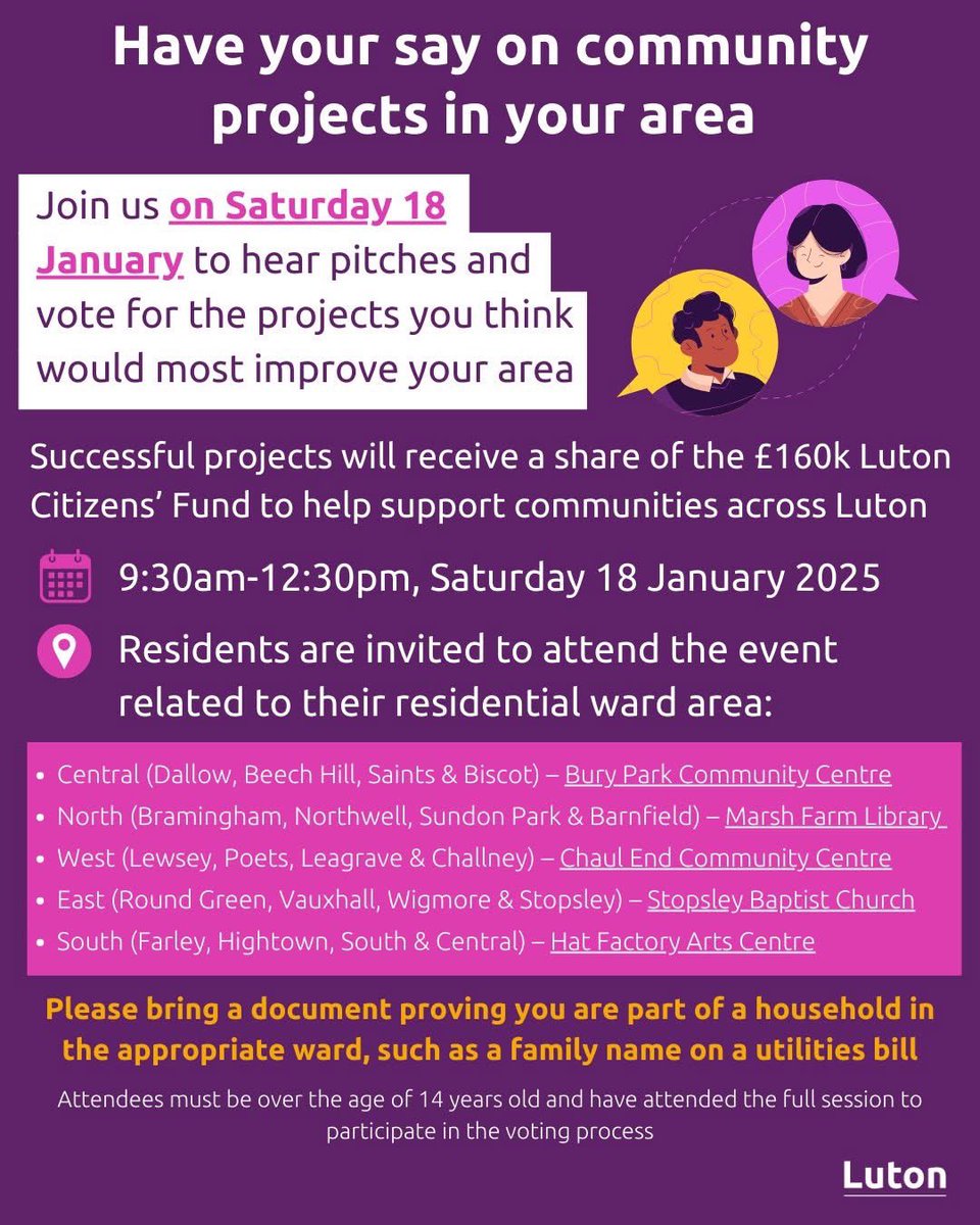 Luton Citizens Fund Decision Day is coming up this Saturday!

Vote for the community projects you want to have in your area.

There are 5 venues across the town that local residents can attend. More information below!