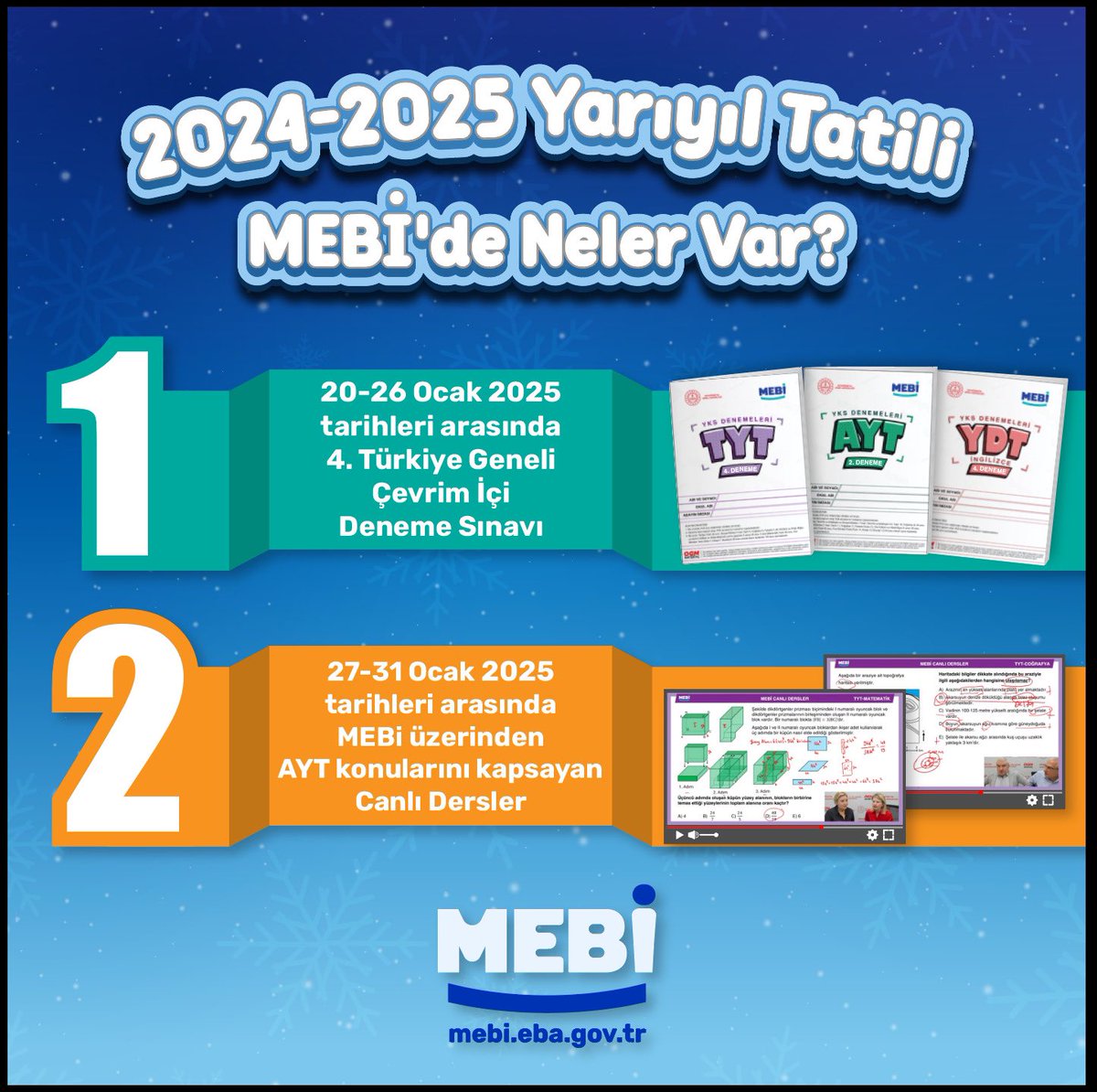 MEBİ (@meb_mebi) on Twitter photo 📚 2024-2025 Yarıyıl Tatilinde MEBİ’de Neler Var?
❄️ Tatil boyunca hem sınav deneyimi hem de canlı ders fırsatları sizleri bekliyor!
🔗 Daha fazlası için: mebi.eba.gov.tr
<a href="/tcmeb/">Millî Eğitim Bakanlığı</a> <a href="/meb_ogm/">Ortaöğretim Genel Müdürlüğü</a> #meb #MEBİ #yks #tyt #ayt #ydt 📚 2024-2025 Yarıyıl Tatilinde MEBİ’de Neler Var?
❄️ Tatil boyunca hem sınav deneyimi hem de canlı ders fırsatları sizleri bekliyor!
🔗 Daha fazlası için: mebi.eba.gov.tr
<a href="/tcmeb/">Millî Eğitim Bakanlığı</a> <a href="/meb_ogm/">Ortaöğretim Genel Müdürlüğü</a> #meb #MEBİ #yks #tyt #ayt #ydt
