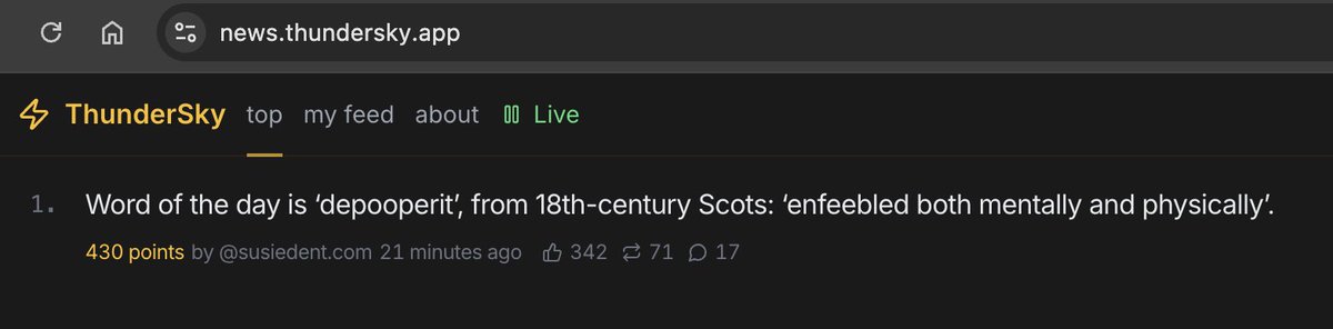 You love to see <a href="/susie_dent/">Susie Dent</a> taking the ThunderSky top spot 🏆

news.thundersky.app