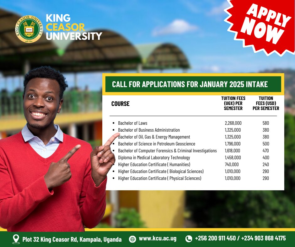 KingCeasorUni's tweet image. 📢 Admissions Alert: The January intake is now ongoing at King Ceasor University 🎓. Don&apos;t miss your chance to join us and pursue your academic dreams. Apply today! 🌟 #KCUAdmissions #JanuaryIntake #StudyWithUs #KCU #kingceasoruniversity