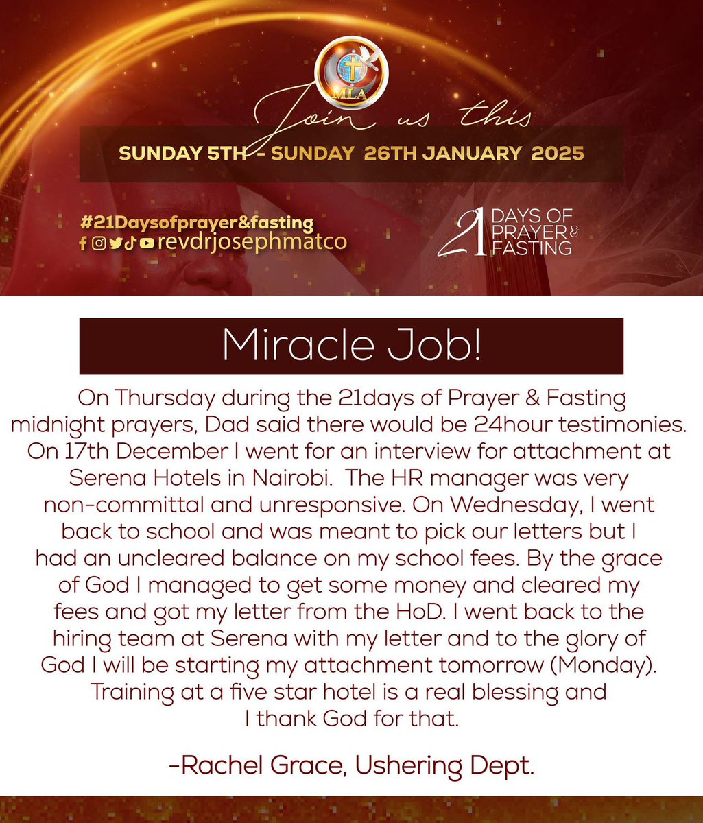 Dr_JosephMatco's tweet photo. Our 21days of prayer and Fasting is still on.

One of the reasons we listen and read testimonies is to boost our faith that if God did it for one person, He can and will do it for you as well.#21daysofFastingandPrayer
#januarywondermonth
#unlimitedbreakthroughs2025
#testimonies https://t.co/UlB9e9IwIP