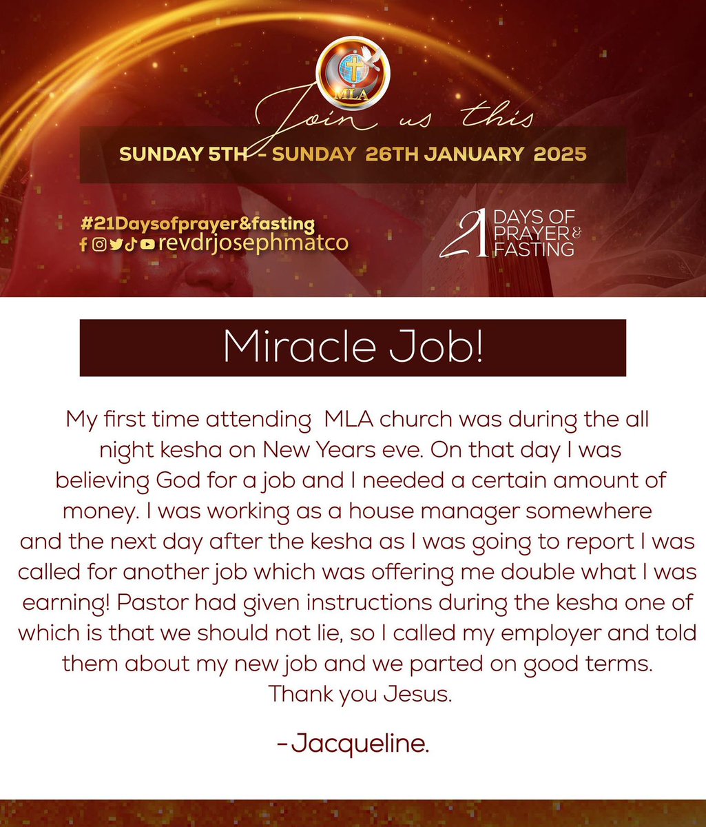 Dr_JosephMatco's tweet photo. Our 21days of prayer and Fasting is still on.

One of the reasons we listen and read testimonies is to boost our faith that if God did it for one person, He can and will do it for you as well.#21daysofFastingandPrayer
#januarywondermonth
#unlimitedbreakthroughs2025
#testimonies https://t.co/UlB9e9IwIP