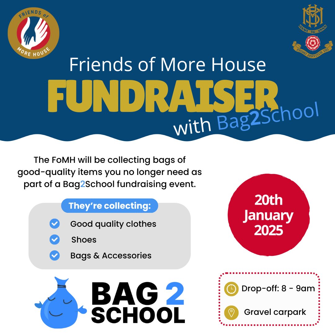 Don't forget - #FriendsOfMoreHouse fundraiser in partnership with Bag2School - Monday 20th January.

Please get involved if you can - every donation makes a difference!
