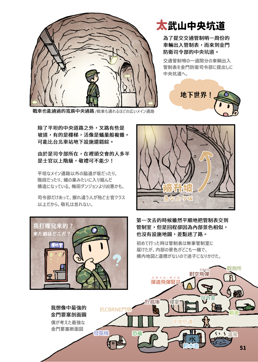 現役時代、公務で一人で金門防衛指揮部に行きました。その中央坑道を歩くと遠くから人影を見かけました。HQにいる殆どの軍人の階級が自分(二等兵)より上だから行進間敬礼を取ろうとした瞬間、相手の肩に★が二つあるのを視認し、慌てて直立不動になり「指揮官好!」と敬礼しました。怖い話でした。