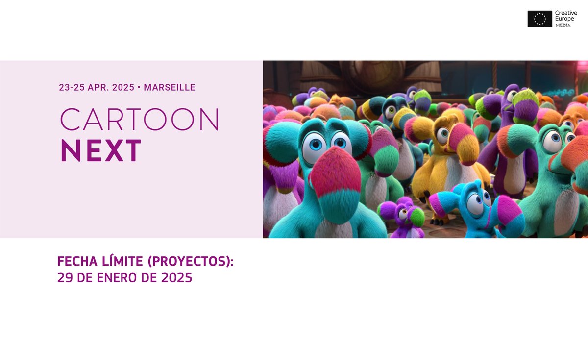 ¡Recordatorio!

#CARTOON: Abierta la convocatoria de #CartoonNext 2025.

Te interesa si quieres convertir tu proyecto de #animación o tu propiedad intelectual de animación en una marca cross media/multiplataforma.

Fecha límite: 29 de enero de 2025.
tuit.es/EnQ0h
