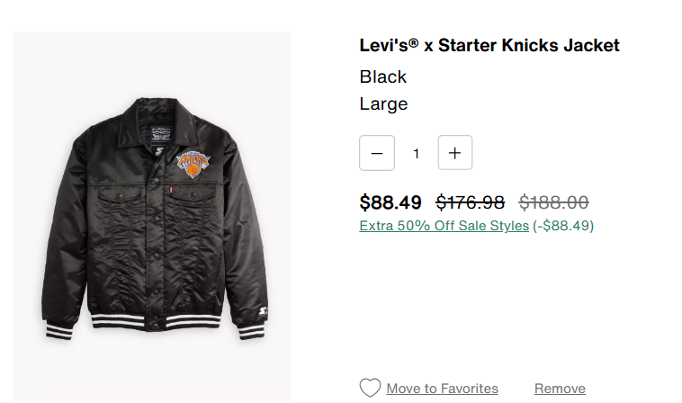 SanctuaryFBA's tweet photo. Was: $188
Now: $88.49
What?: Levi's® X Starter Knicks Jacket
Link: https://t.co/9MLb1JhmQj
Notes: 50% OFF shown in cart! Going OOS https://t.co/yTBTb3s5N6