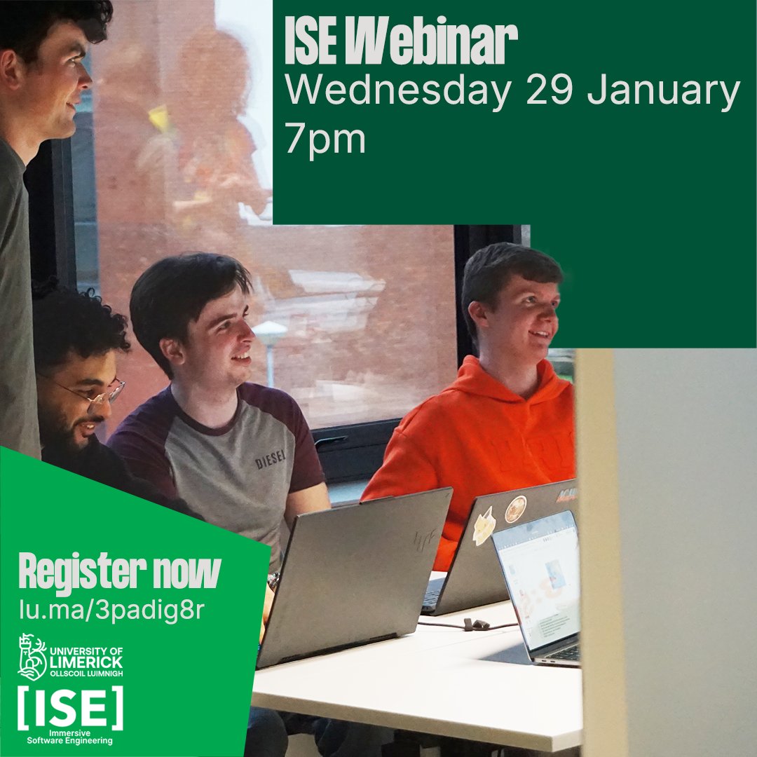 ImmersiveSE's tweet image. Thinking of studying Immersive Software Engineering at the University of Limerick? 
We are having a live Webinar on Wednesday 29 January to talk potential students through the course and the application process.
Register now at lu.ma/3padig8r