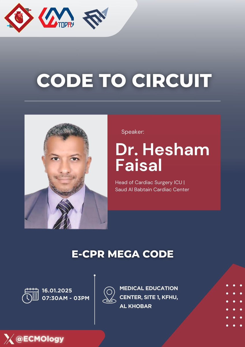 Don’t miss Dr. Hesham Faisal's session as he guides us through the E-CPR Mega Code! 🚑

This session will provide practical, real-world training to prepare for emergencies requiring precision and collaboration.