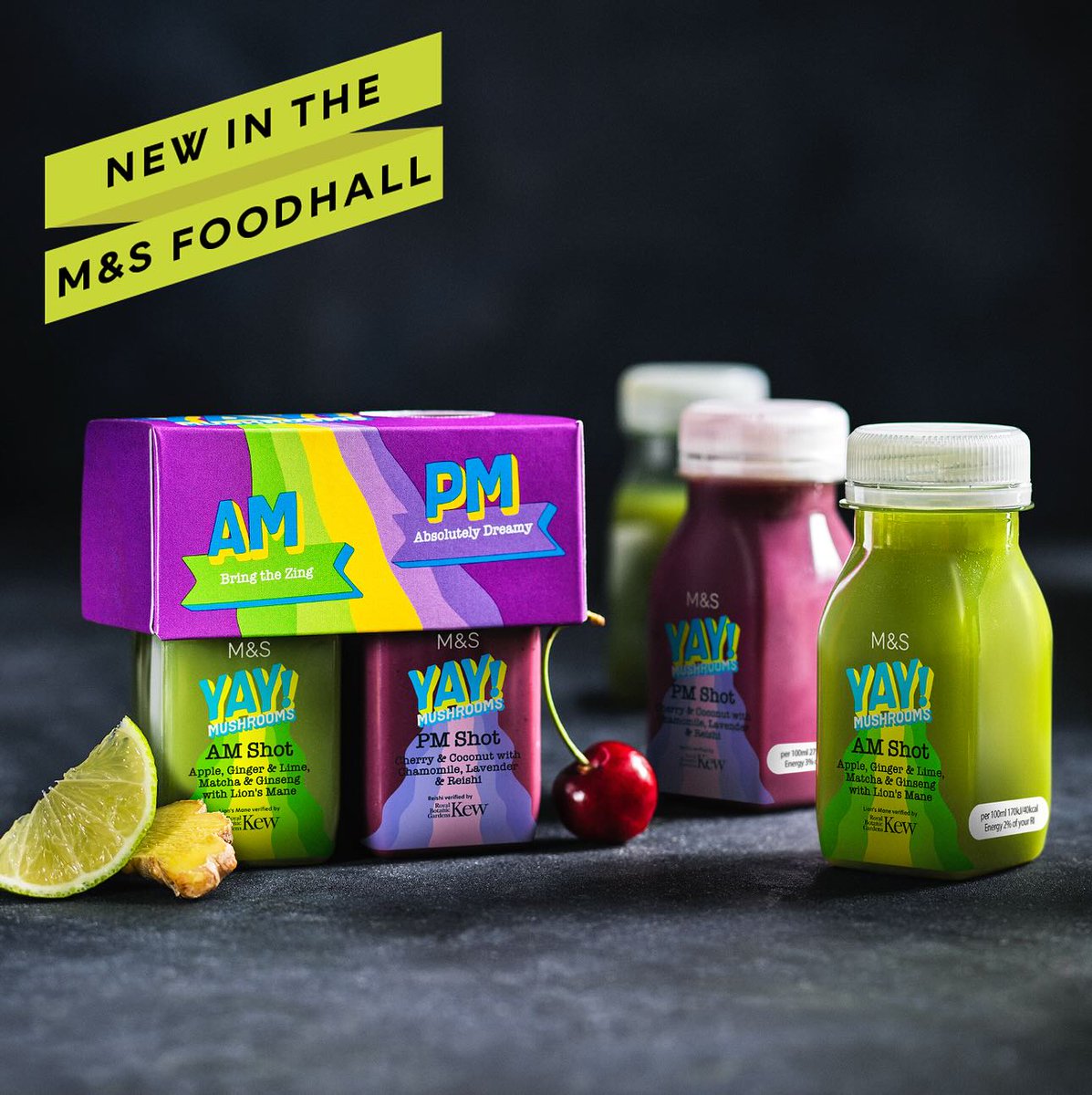 AintreeSP's tweet photo. 🍄 New at M&amp;S Foodhall: YAY! Mushroom Shots! 🌅🌌

Inspired by LA trends, these shots feature lion’s mane and reishi mushrooms, crafted with help from experts at Kew.

🌅 AM Shot: Ginger, lime, matcha &amp; lion’s mane.
🌌 PM Shot: Berries, lavender &amp; reishi. https://t.co/pxGe4LQhkt
