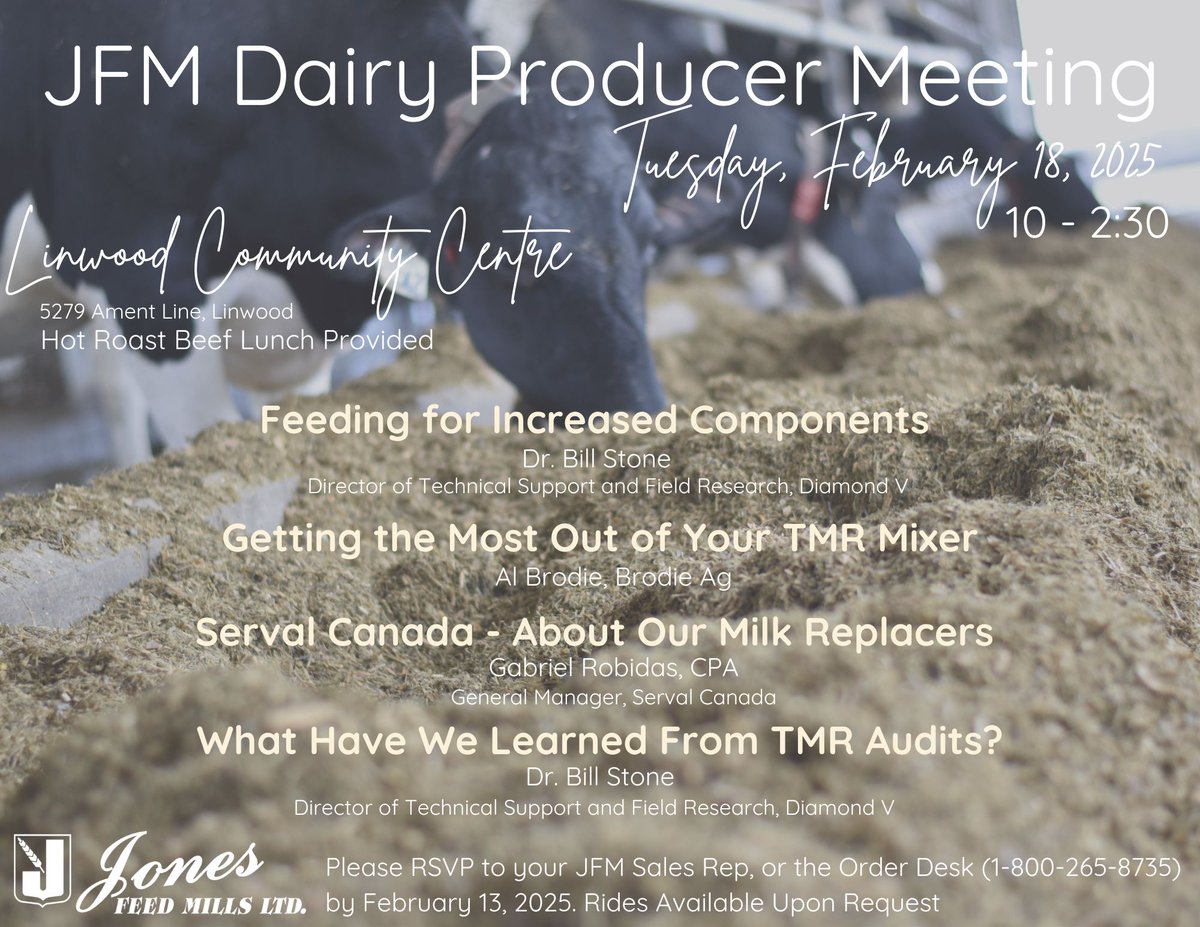 Join us on February 18th for our dairy producer meeting in Linwood.  Please RSVP to your JFM sales rep or the order desk (1-800-265-8735).  #JFMDairy